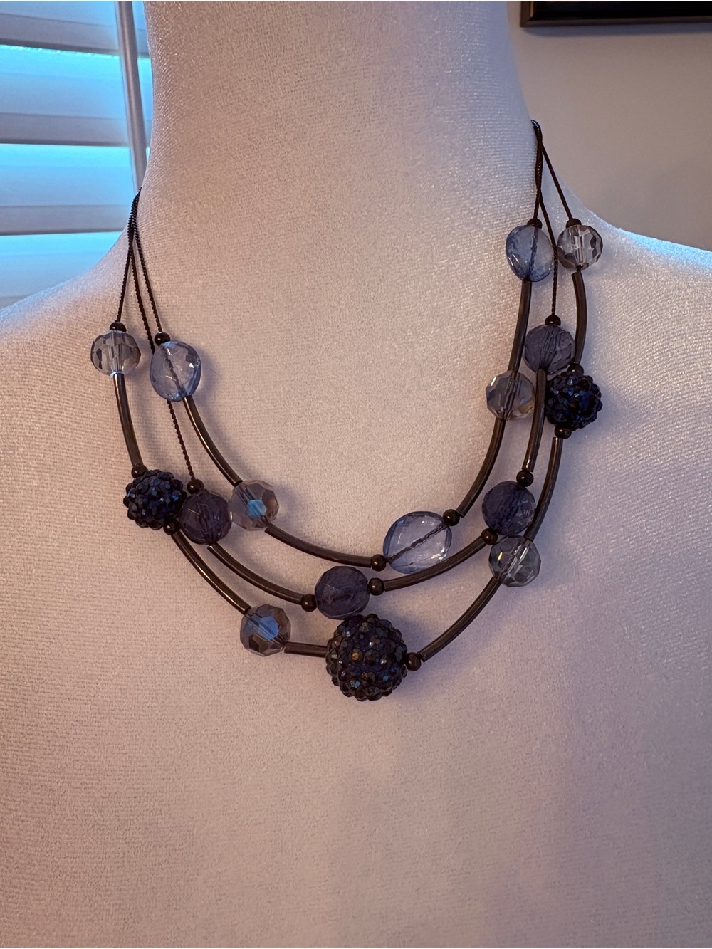 Triple-Strand Blue Bead Statement Necklace - Women Jewelry
